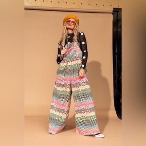 Big Feelings Oversized Denim Overalls in Grunge Rainbow Checkerboard